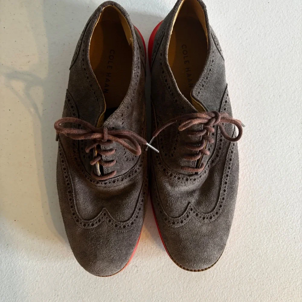 Cole Haan Grand OS Lunargrand Brown Suede Red Sole Wingtip Oxford Mens Shoes 9.5